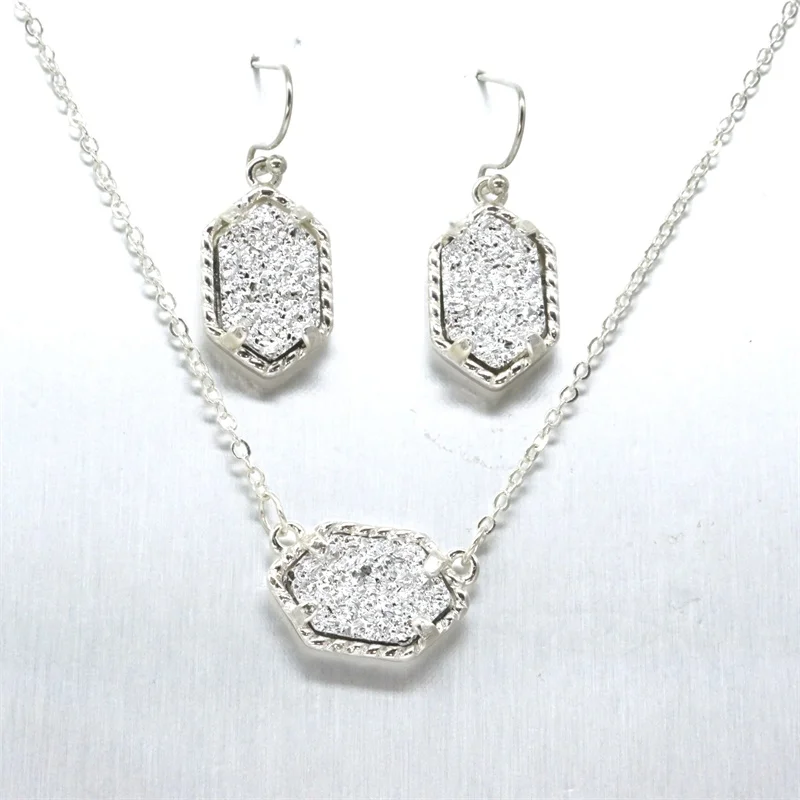 Druzy Drusy ожерелье серьги ювелирный набор смолы кристалл серьги с камнем серебряный бренд шестиугольник Висячие серьги для женщин вечерние