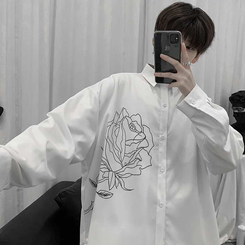

Men Shirts Sping Rose-printed Long Sleeve Thin Simple All-match Leisure Mens Outwear Loose Korean-style Teens Ins BF Trendy Chic