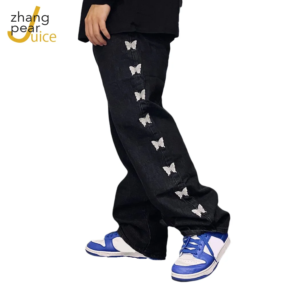 Men Hip Hop Streetwear Jeans Pants Butterfly Print Harajuku Cotton Men Trousers Men Embroidery Denim Pants