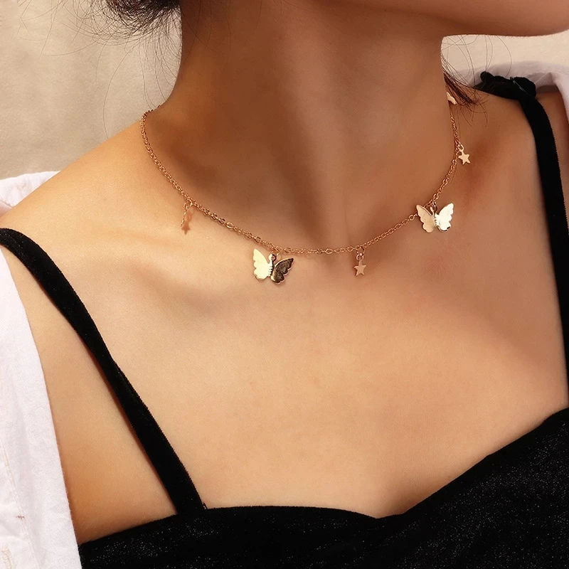 

New Fashion Aesthetic Butterfly Choker Necklace For Women Gold Silver Color Chain Female Best Shining Jewelry Party Gift 2022