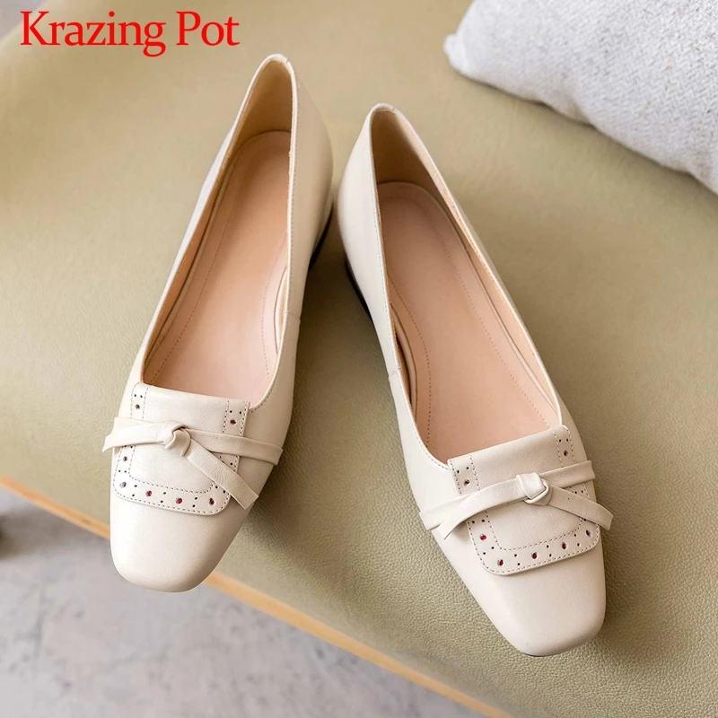 

Krazing Pot genuine leather sweet solid carved ladies shoes med heels round toe slip on daily wear dating cozy women pumps L61