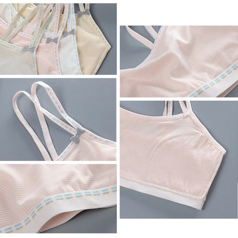 

23GD Puberty Young Girls Breathable Mesh Training Bra Double Layer Strappy Cotton Cami Crop Top Sweet Bow Solid Color Wirefree