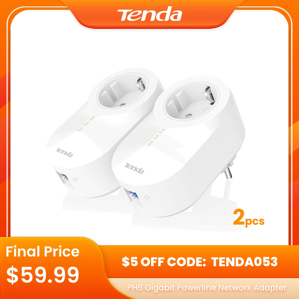Комплект сетевого адаптера Tenda PH6 Gigabit 1000 Мбит/с AV1000 порты Ethernet ПЛК Homeplug AV2 с
