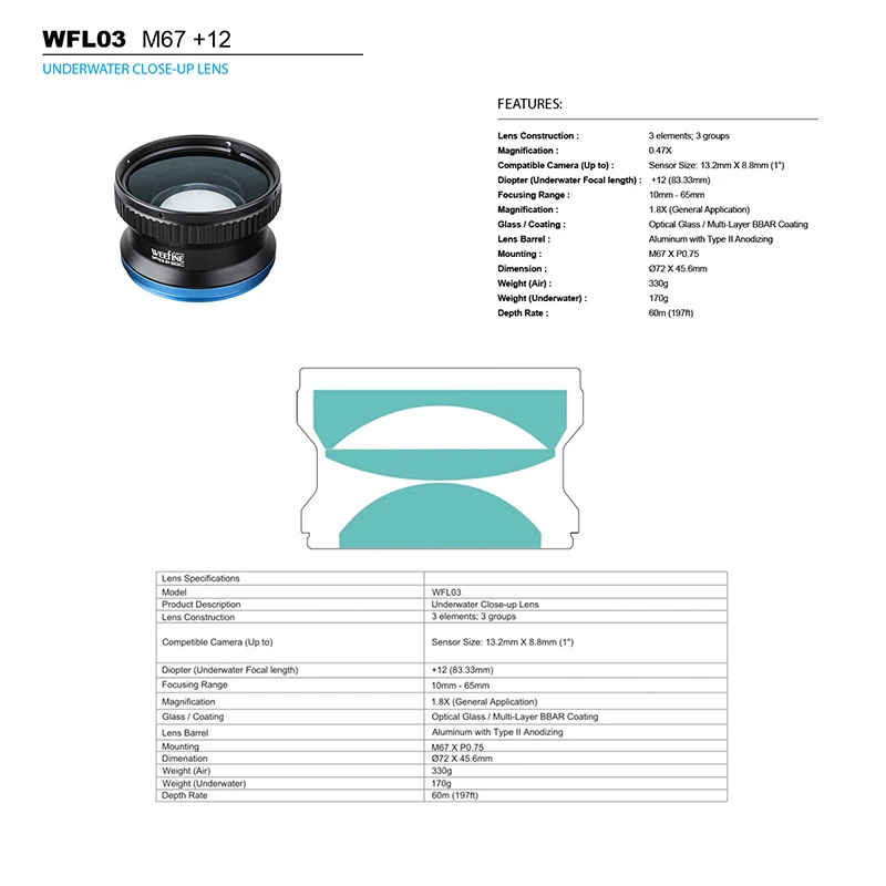 Телеконвертер для дайвинга Wfl03 крупным планом Макросъемка влажный объектив M67