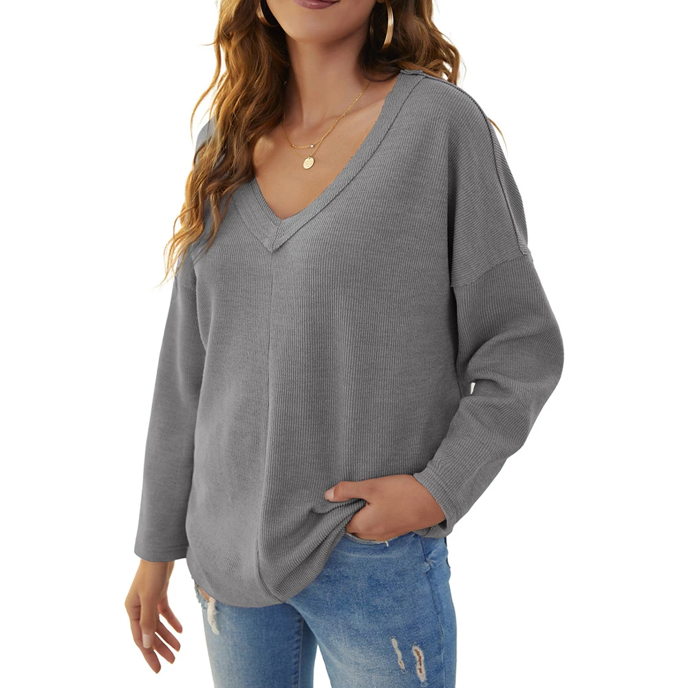 

Fashion Women Long Sleeve Solid Jumper V-Neck Casual Sweater Pullover Casual Loose Tops Autumn Winter Warm Lounge Blouse Clothes