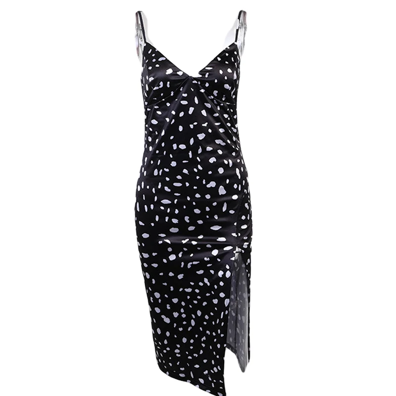 

Strap Printed Side Split V Neck Midi Dress For Women Sleeveless Party Club Holiday Beach Ankle-Length Dresses Vestidos Yuqung