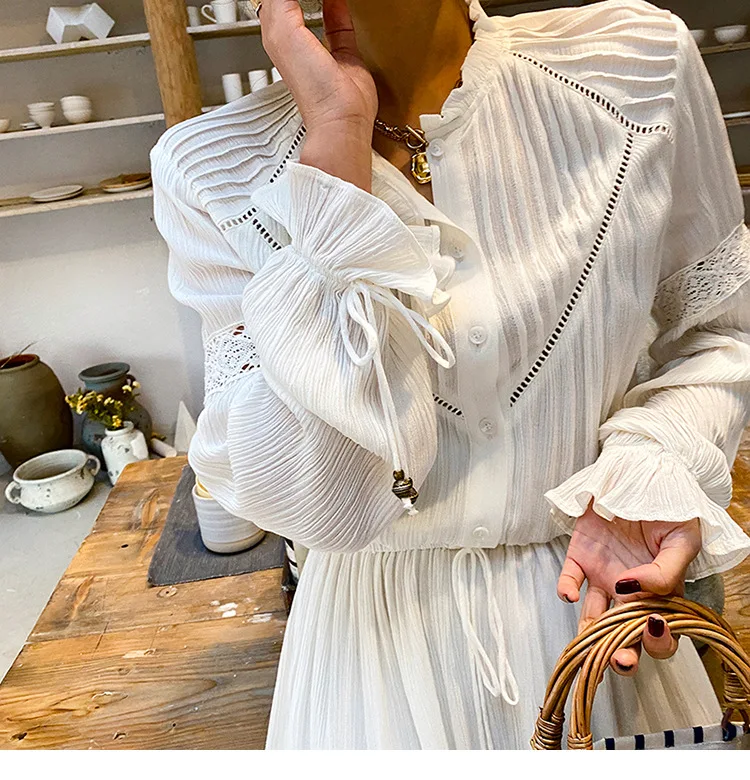 

Fashion White Dresses for Women Summer 2020 Bohemia Style Elastic Waist Long Sleeve Dresses Holiday Big Hem Loose Dresses Lady