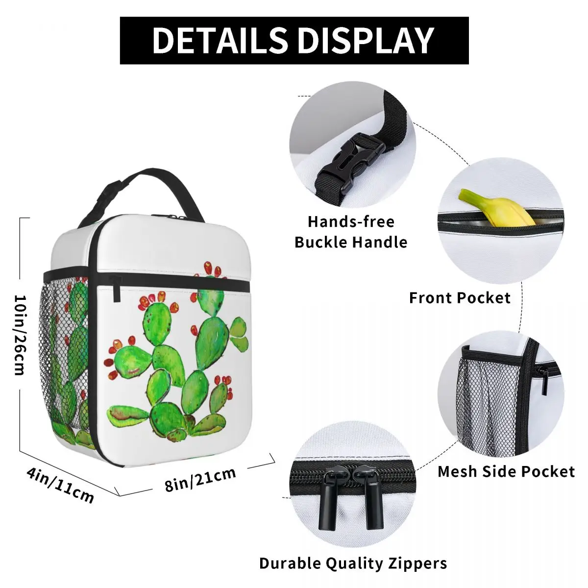 

Prickly Pear Cactus Lunch Bag for Women Men Large Insulated Lunch Box with Water Bottle Holder and Pockets