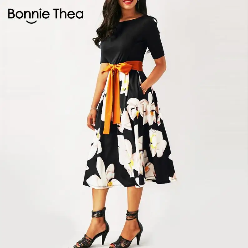 Light Blue Bonnie Thea женское летнее и осеннее синее платье с принтом женское офисное элегантное платье с цветочным принтом больших размеров вечерние длинные большие платья - Цвет: Light Blue