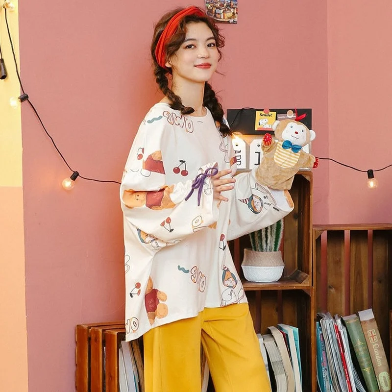 Women's Pajamas Set Spring Loose Cute Ins Tide Long-sleeved Large Size Can Be Worn Outside Home Service Suit Pijama Women Cotton