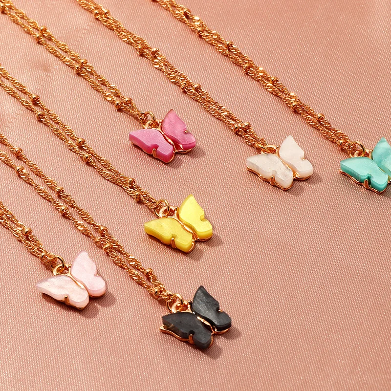 

Alloy Necklace Color Acrylic Butterfly jewelry Sweet Clavicle Chain Necklace Birthday Party line Chain necklaces pendants