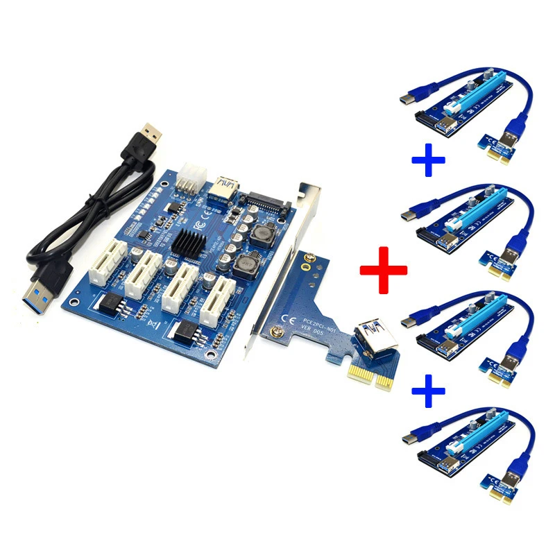 Подъемный комплект PCIE 1-4 PCI E Express 1X to 16X Riser Card Mini ITX External 4 PCI-E Slot Adapter для BTC Miner |