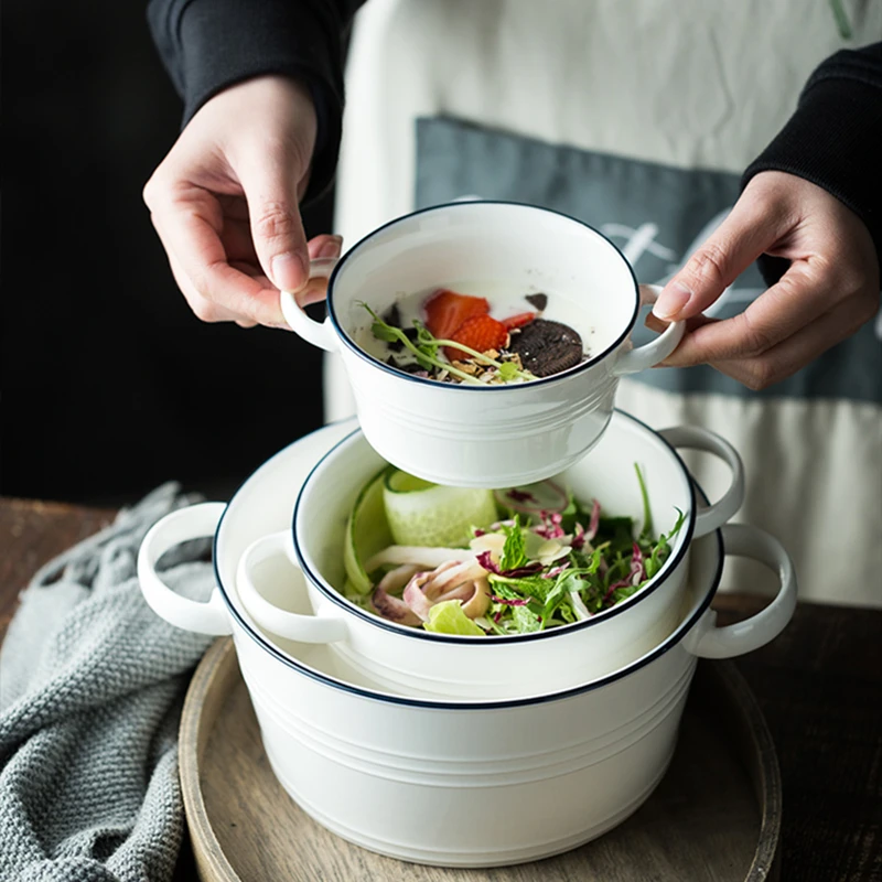 

Binaural Soup Pot European Style Creative Large Ceramic Noodle Bowl White Black Border Kitchen Utensils Porcelain