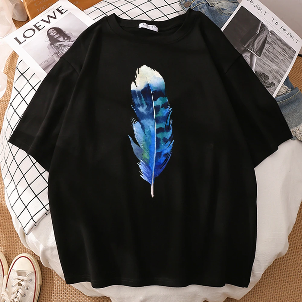 

Funny Blue Feather Print Women T-Shirt Cool Korean Streetwearloose Casual Clothing T-Shirts For Womens Crew Neck Loose T Shirts