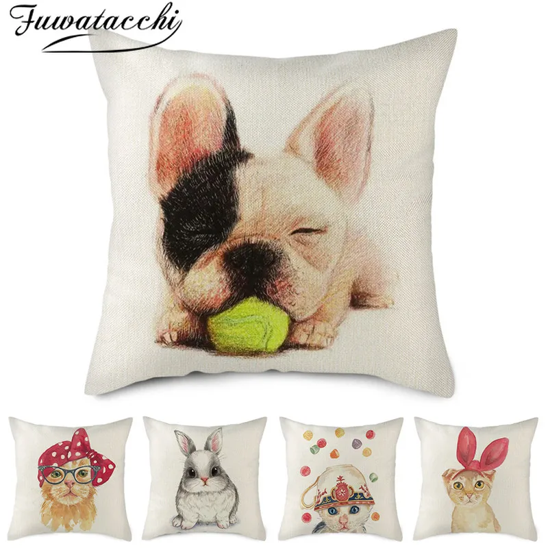 

Fuwatacchi Cat Dog Rabbit Pillow Cover Linen Cartoon Animals Printed Cushion Cover for Home Sofa Decorative Pillowcases 45x45cm