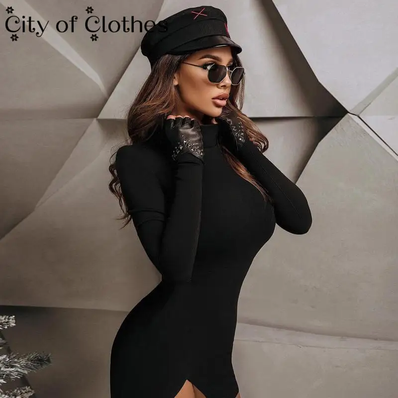 

2021 Long Sleeve Solid Turtleneck Cut Out Shoulder Pads Mini Dress Spring Summer Women Fashion Sexy Party Club Outfit Streetwear