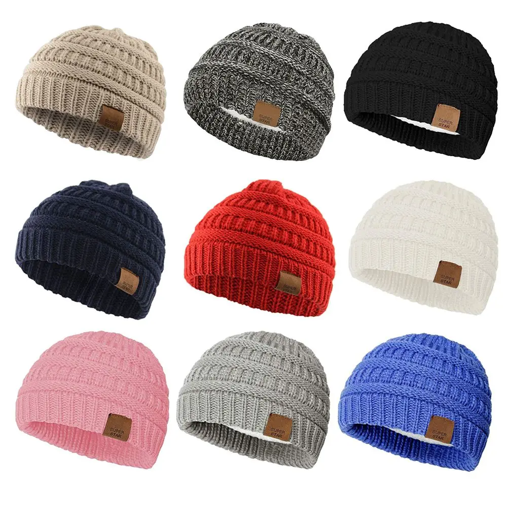 

Boys Girls Hip Hop Hat Warm Short Melon Ribbed Knitted Beanie Skullcaps Children Beanie Hat Roll up Edge For 2-7 Years