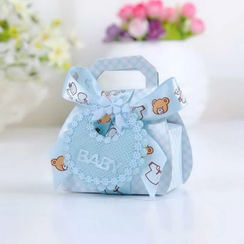 

12pcs/lot Bear Shape DIY Paper Wedding Gift Christening Baby Shower Party Favor Boxes Delicate Candy Box with Bib Tags & Ribbons