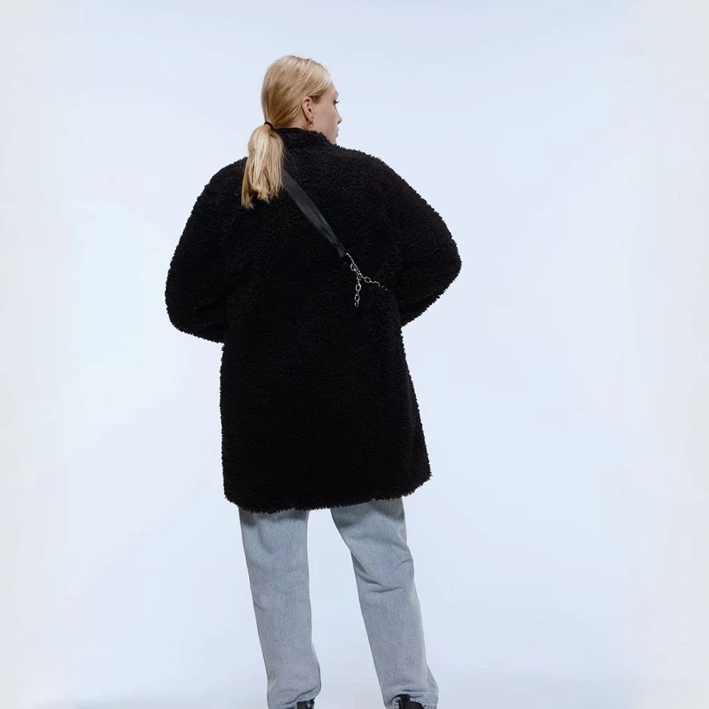 Женское флисовое пальто ZA свободная однобортная Повседневная теплая куртка с