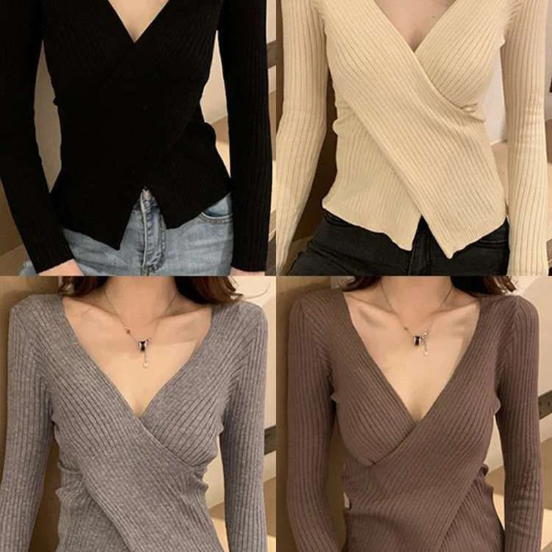 2020 Autumn Winter Women's Knitwear Sexy Across V-Neck Chic Casual Basic Women Sweater Long Sleeve Slim Knitted Pullover