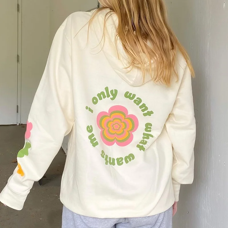 

Women Sweatshirts Casual Loose Cotton Floral Print Hooded Tops Autumn Korean Cartoon Shirts Chic Streetwear Fashion Y2K