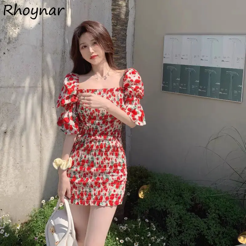 

Short Puff Sleeve Dresses Women Mini Print Square Collar Slim Fashion Summer Sexy Ladies Vestidos Casual Chic High Waist Elegant