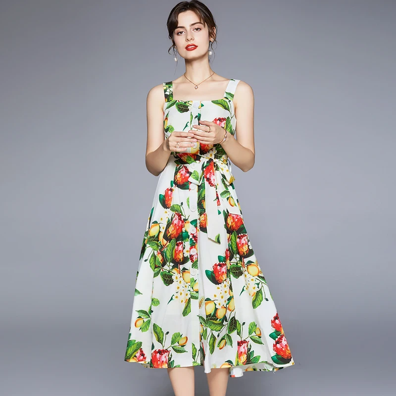 

Woman Bohemian Beach Dress Summer 2022 Runway Spaghetti Strap Single Breasted Floral Printed Holiday Dress Robe k7027