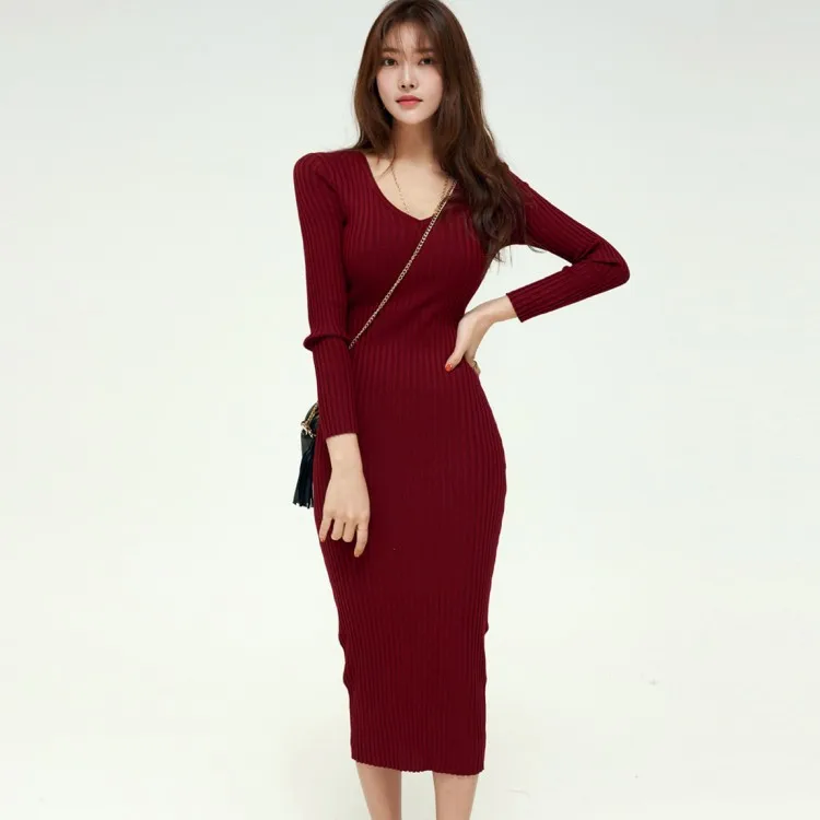 

Women Autumn Winter Knitted Dress V Neck Sexy Slim Elastic Bodycon Long Dress knit Warm Sweater Dresses Vestidos