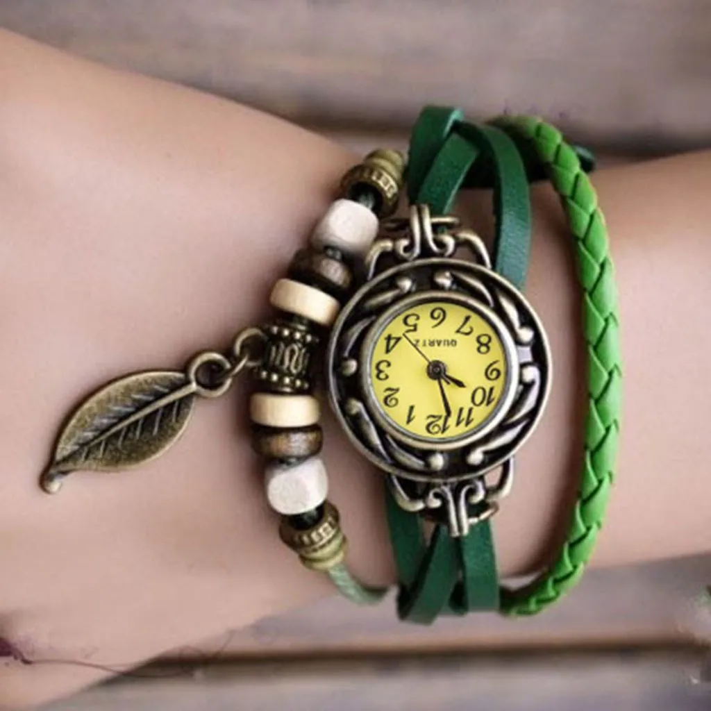 

beauty Womens Bracelet Weave Wrap Quartz Leather Leaf Beads Wrist Watches Fashion Casual Ladies Watch Women Dress Reloj Mujer