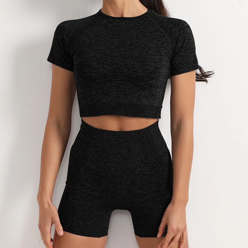 

XMTOPYE Seamless Yoga Set Sport Gym Clothing Two Piece Crop Top Biker Shorts Tracksuit Short Sleeve Athletic Sport Suit Oufits