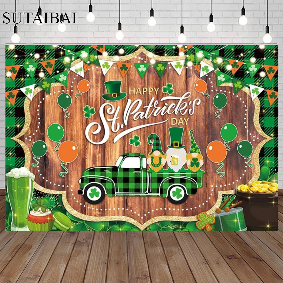 

Spring Happy St.Patrick's Day Theme Party Backdrop Green Lucky Clover Gnomes Truck Festival Photography Background Banner Photo