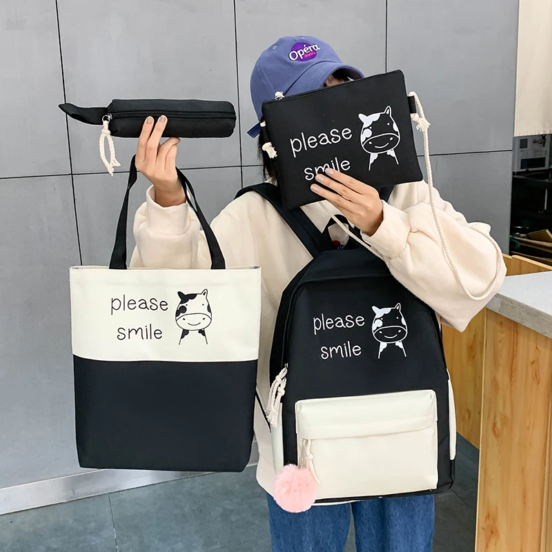 

4 Pcs Sets Canvas Schoolbags for Teenage Girls Women Backpack New School Bag Teenager Girls Female Shoulder Bags School Backpack