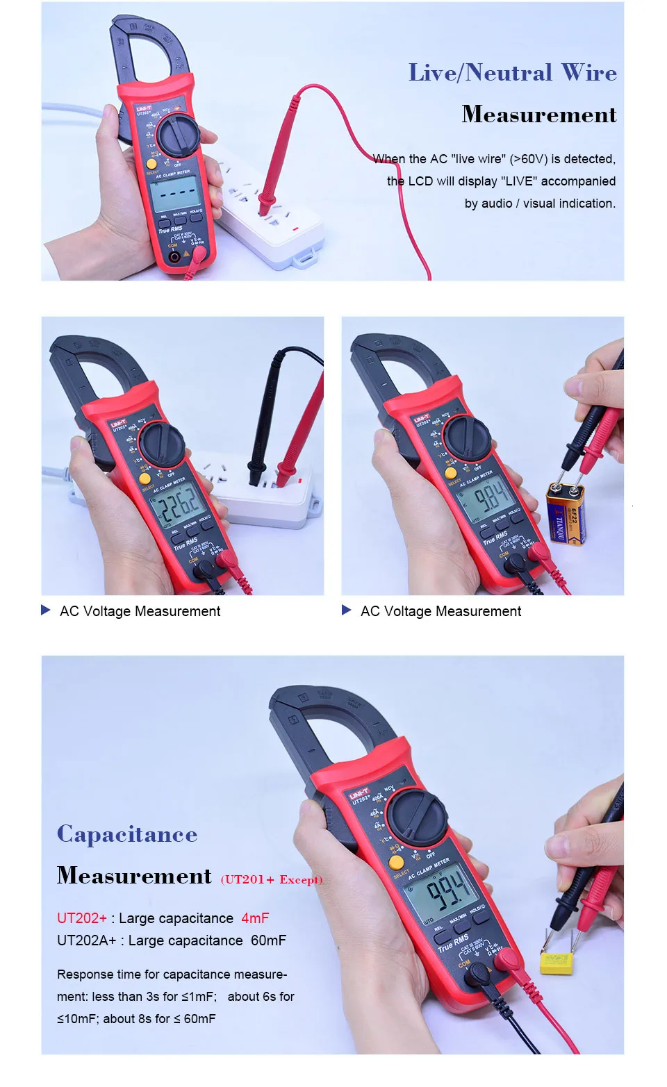 True RMS цифровой клещи UNI-T UT201+ UT202+ UT202A+ AC DC напряжение переменного тока тестер НТС мультиметр защита от ложного обнаружения