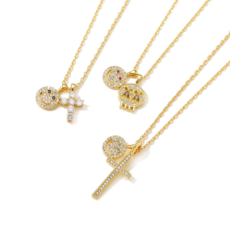 

HANGZHI 20SS New Design Punk Personality Smiley Cross Full Of Rhinestones Necklace For Women Girls Party Tourism Jewelry Gifts
