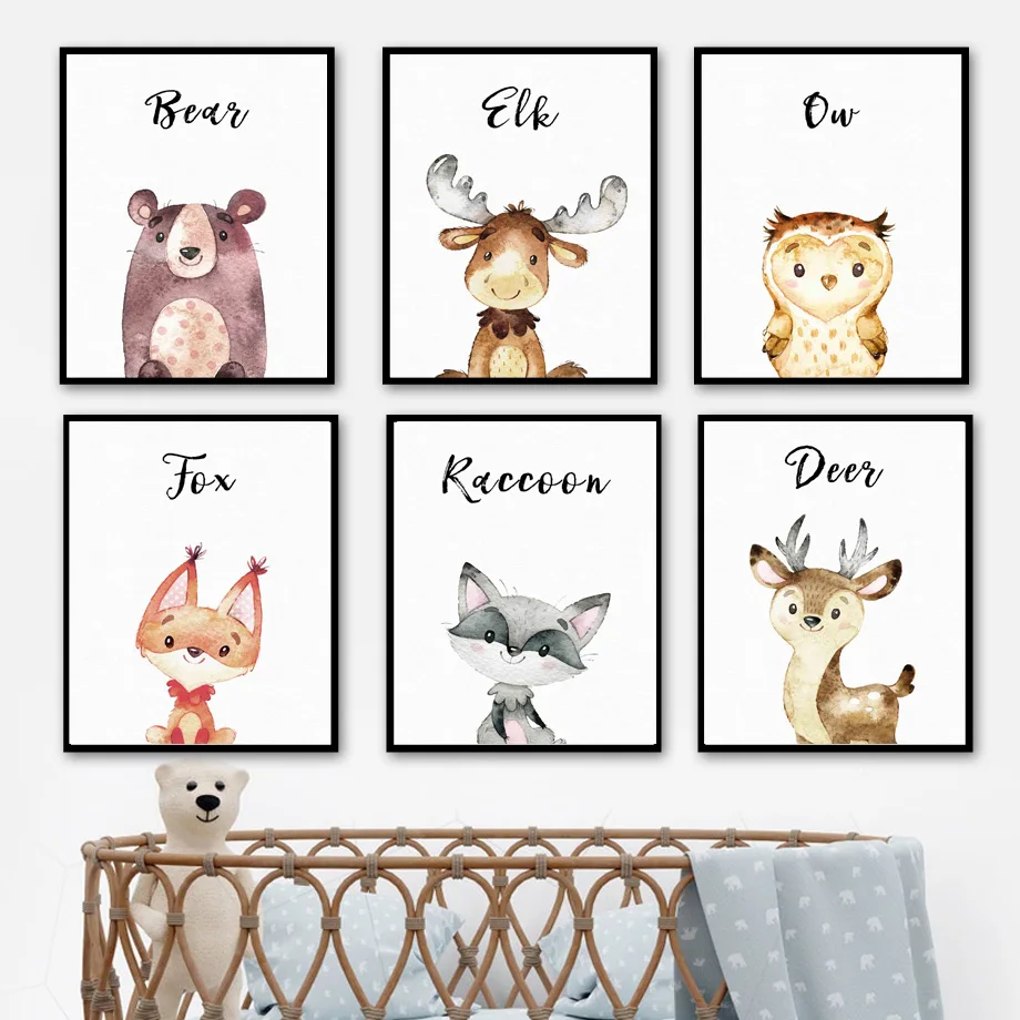 

Cartoon Owl Red Deer Bear Fox Raccoon Animal Wall Art Canvas Painting Nordic Posters And Prints Wall Pictures Kids Room Decor