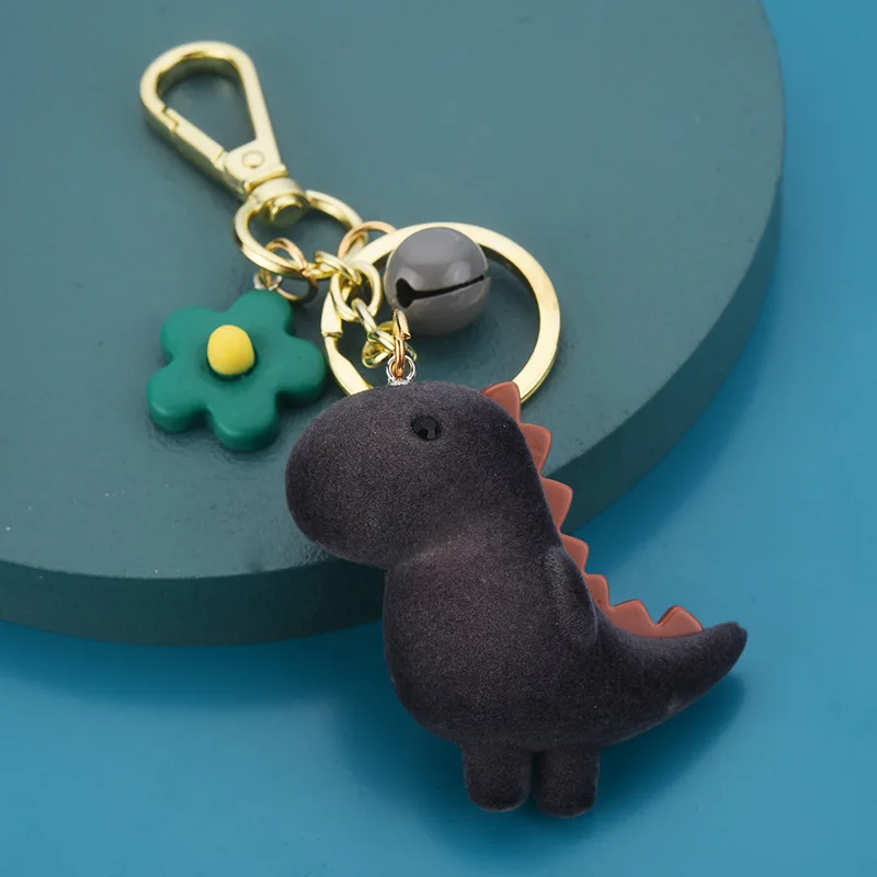 

New Flocking Dinosaur Keychains Trend Cartoon Floret Accessories Bag Pendant Keyrings Plush Bell Button Car Bag Key Chain