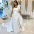 Блестящие белые свадебные платья с блестками и юбкой-годе со съемным шлейфом и бантом на одно плечо арабские Длинные свадебные платья
