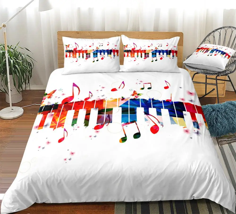 

Music Notes Duvet Cover Set Butterfly Bedding Piano Keyboard Treble Clef Colorful Home Textiles Kids Queen White 3pcs Dropship