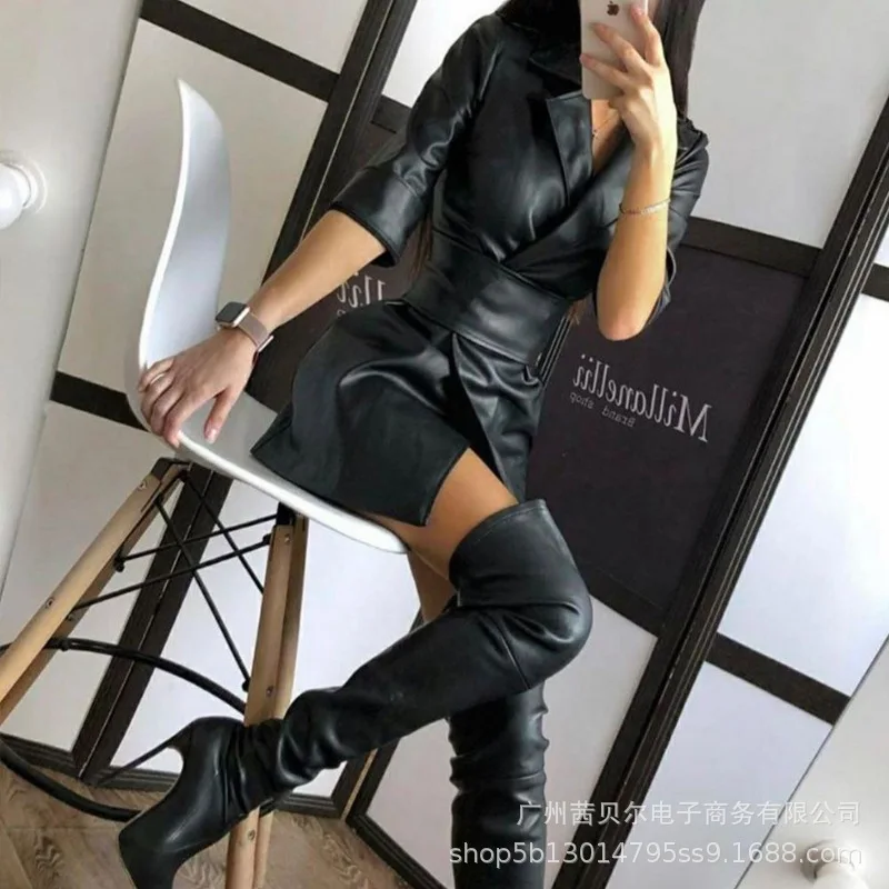 

2021 new hot silver stitching pu leather three-quarter sleeve blazer