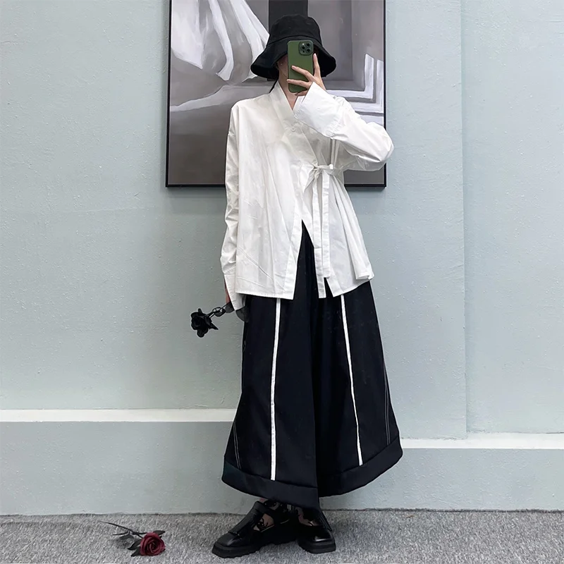 

GVUW Women Blouses 2021 Fashion New Yamamoto Style Design Long Sleeve Belt White Oversize Shirt Elegant Female Tops KB3127