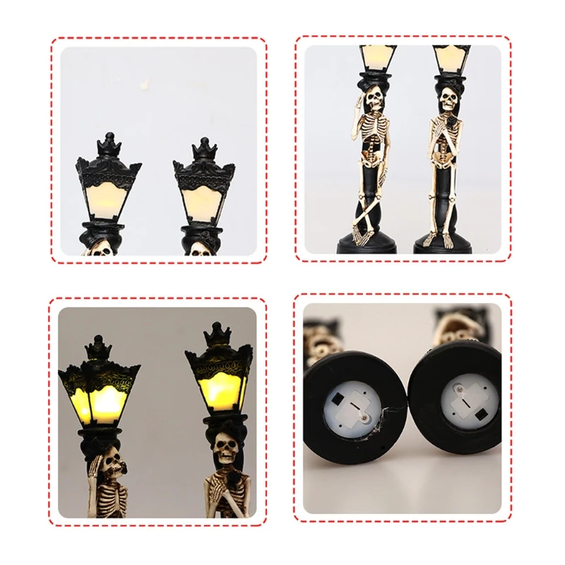 

2Pcs Halloween Skull Skeleton Candle Holder LED Light Mini Street Lamp Decor