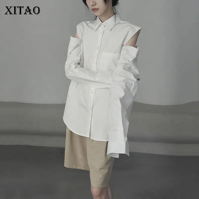 

Женская блузка с открытыми плечами XITAO, белая элегантная свободная плиссированная рубашка на одно плечо, с длинным рукавом, осень 2021, WMD2406