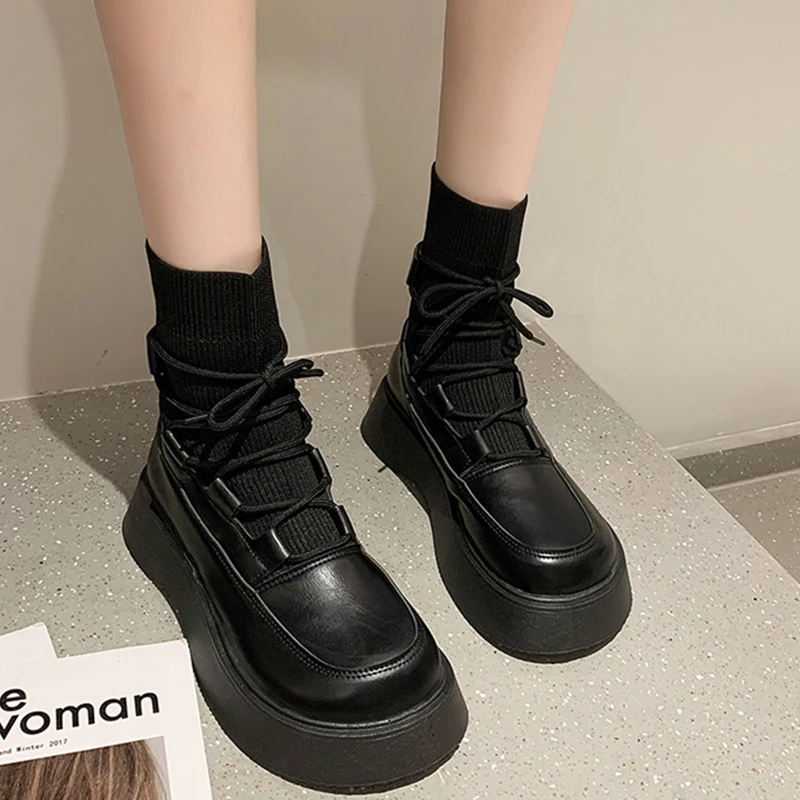 

Rimocy Black Platform Heels Boots Women Elastic Knitted Lace Up Chunky Ankle Boots Woman Thick Bottom Short Botas Mujer 2021