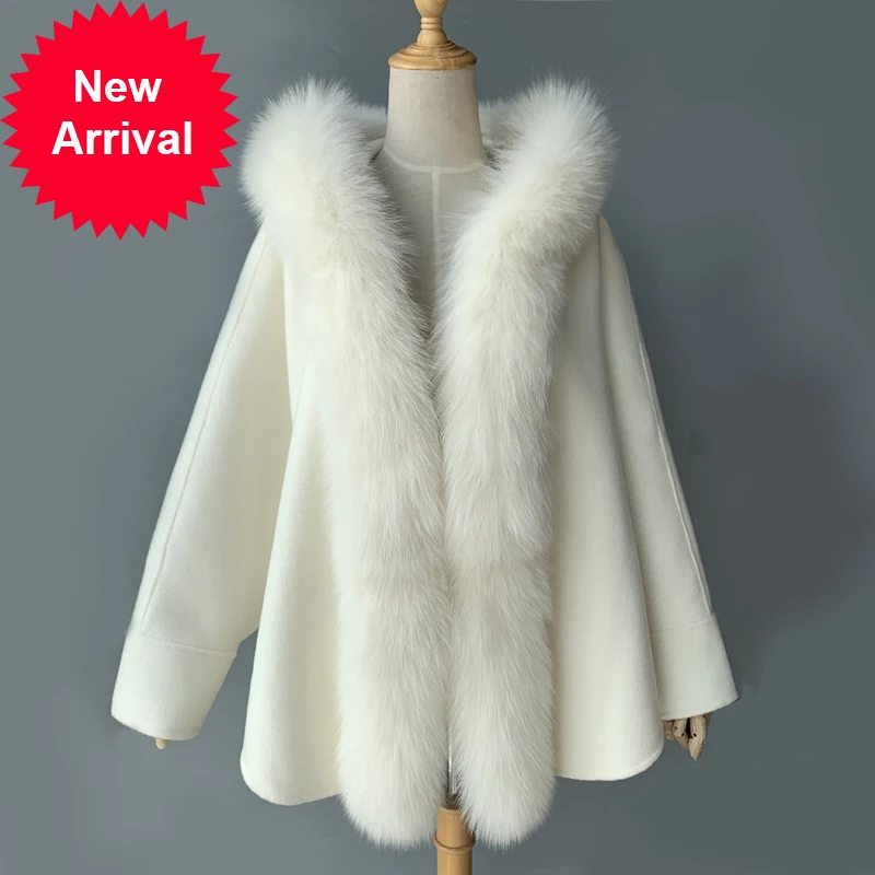 

Новинка, пончо из натуральной лисы с меховым воротником, шаль, белое шерстяное пальто, женская куртка с капюшоном CK001