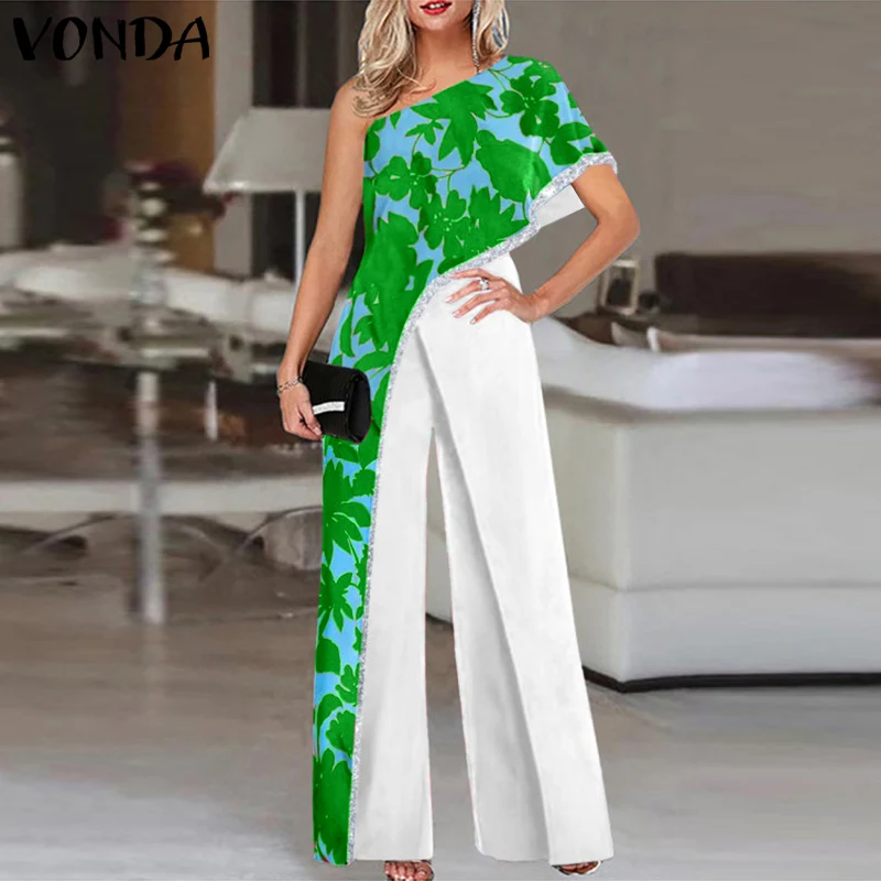 

VONDA Women Printed One Shoulder Long Jumpsuits 2022 Wide Leg Overalls Loose Pantalon Femme Autumn Long Rompers Dungaree