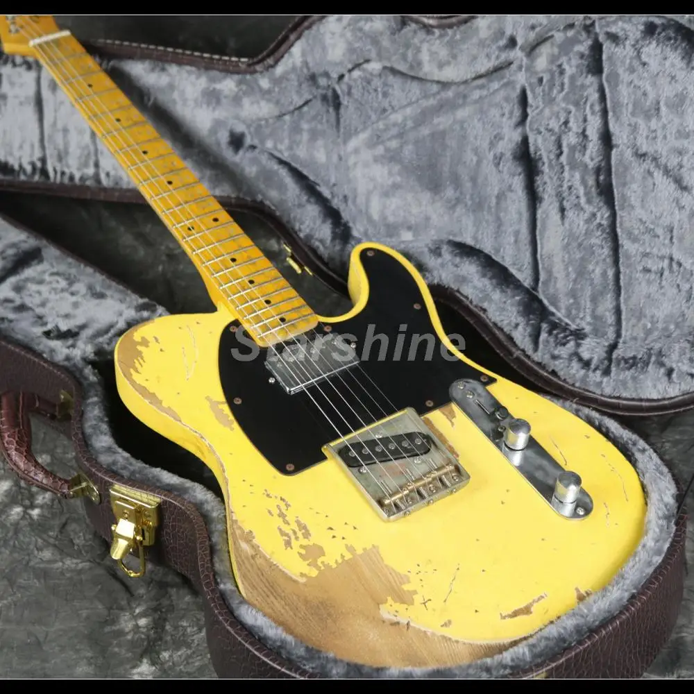 

Popular Heavy Relic TL Electric Guitar Strings Thru Body Nitrolaquer ASH Yellow Color Neck Humbucker Pickups
