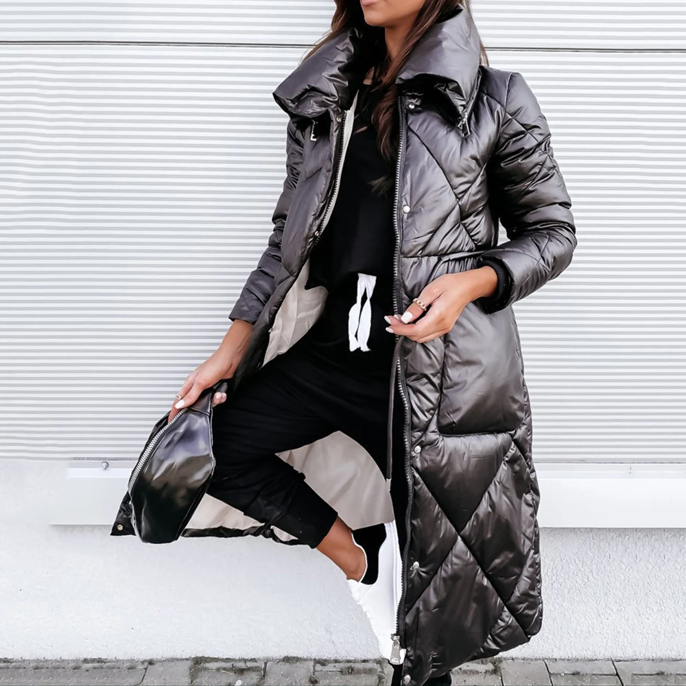 

2021 New Women Long Cotton Padded Jacket Fashion Long Sleeve Solid Zipper Single-breasted Straight Winter Women Thicken Jacket