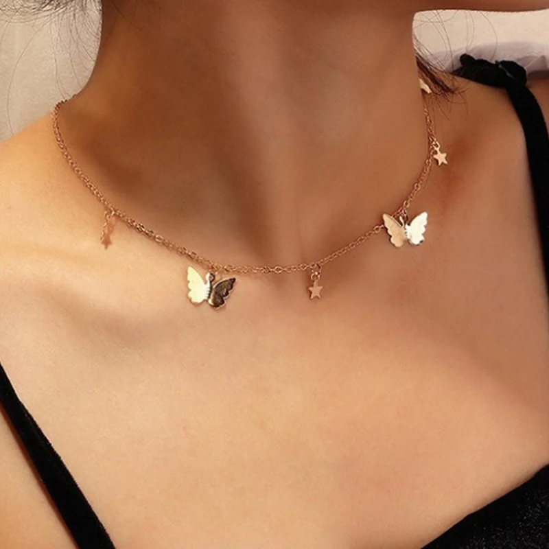 

Gold Silver Color Chain Pendant Butterfly Necklace for Women Layered Charm Choker Necklaces Boho Beach Jewelry Gift Cheap