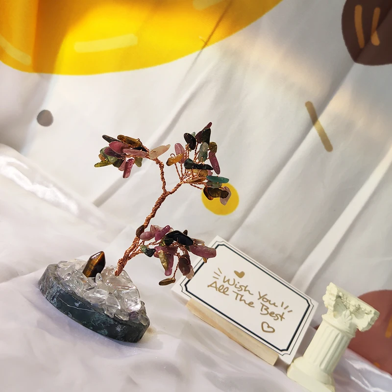 

Natural three-layer agate background Japanese desktop porch ornaments handmade crystal tree