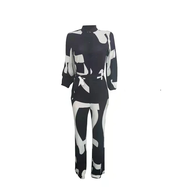 

Summer Female JumpsuitÂ High Waist Print Â Wide LegÂ Pants Long Sleeve Loose Romper Office Lady Casual Clothing 2021 NewÂ Overalls